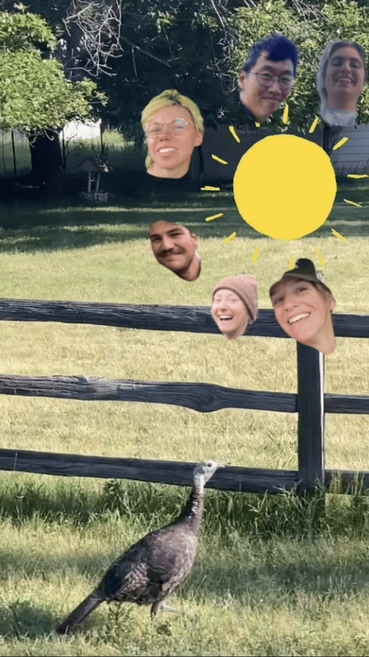 Cut outs of crew member's heads around a sun graphic