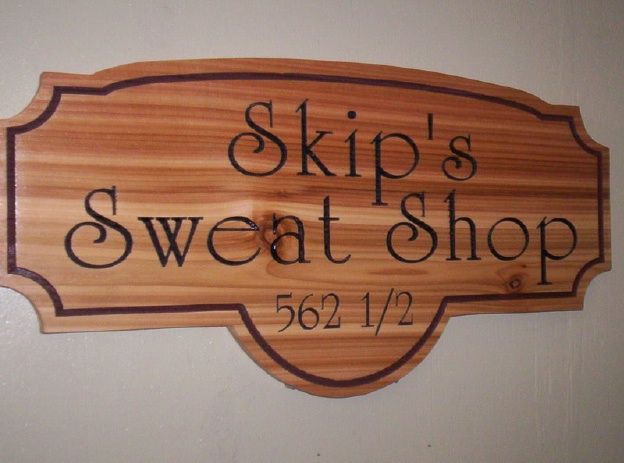 YP-4420 - Engraved  Plaque for Skip's Sweat Shop, Cedar Wood