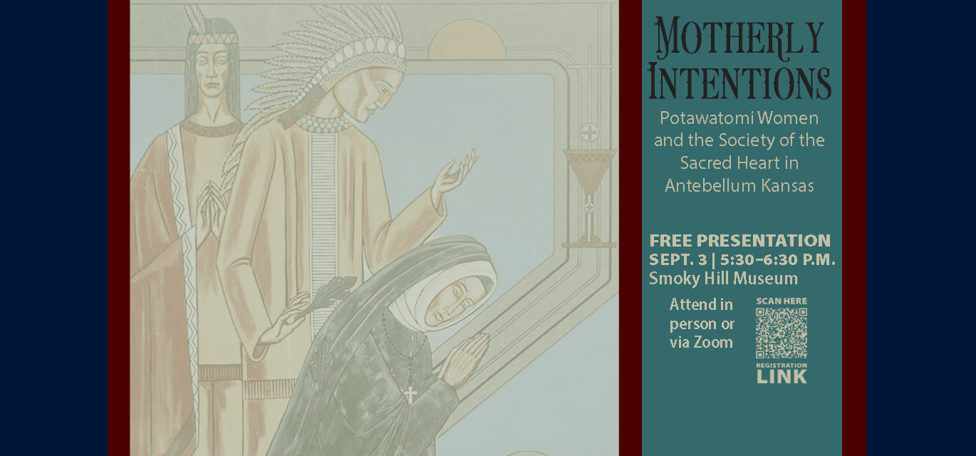 Religious iconography showing a nun praying and two Native Americans. 
