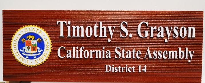 BP-1082 - Carved Name Plaque for California State Assemblyman, 2.5-D Sandblasted Redwood