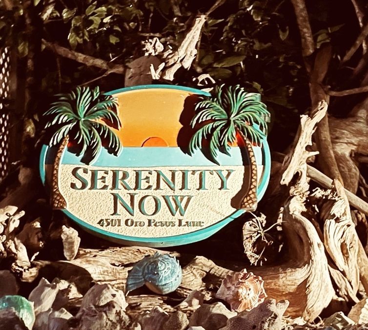 L211125 - Carved 3-D HDU  Beach House Sign, "Serenity Now”,  with a Beach Scene at Sunset with Two Palm Trees as Artwork