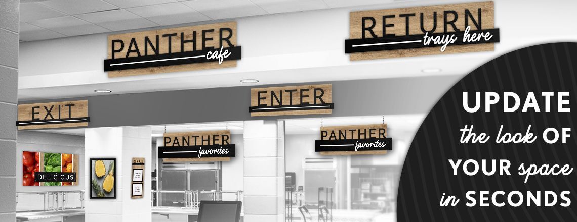 Cafeteria signs with a wood and metal look, custom signs, menu boards
