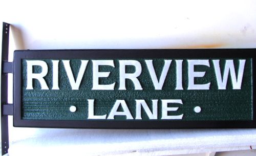 H17054- Carved HDU Street Name Sign, Riverview Lane,  with Steel Framed and Side Bracket for Mounting on a Post
