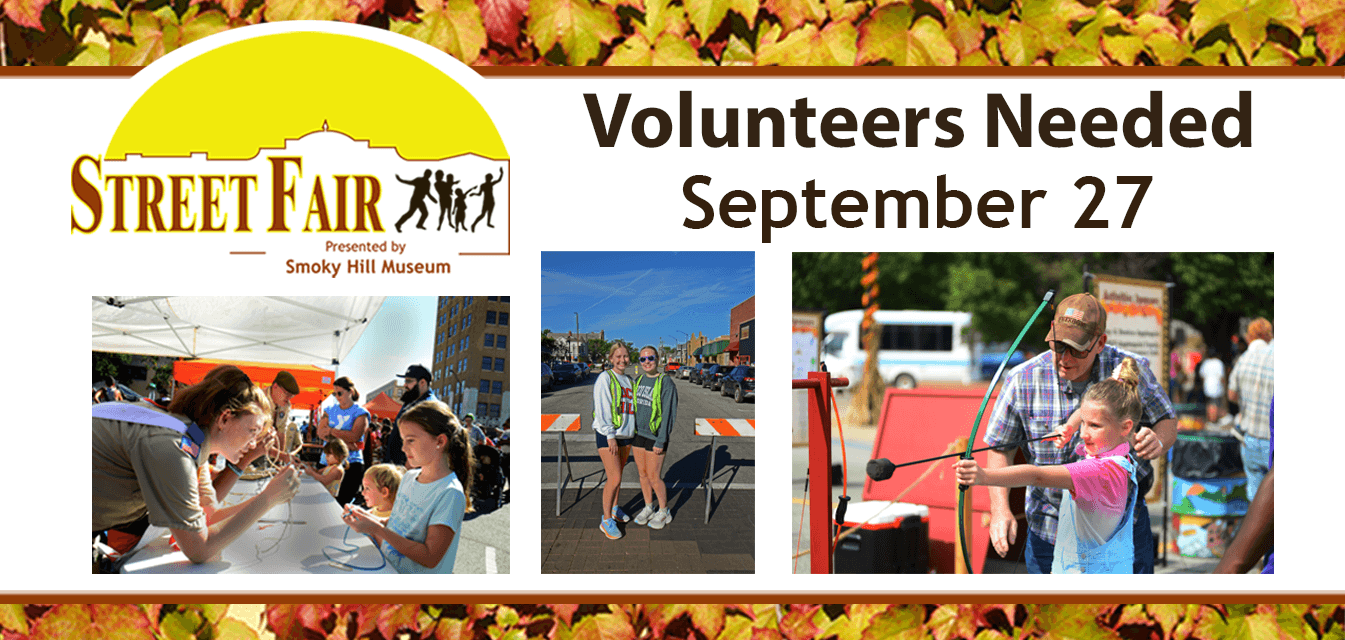 Poster Calling for Volunteers with Street Fair Logo and three pictures showing volunteers at work  