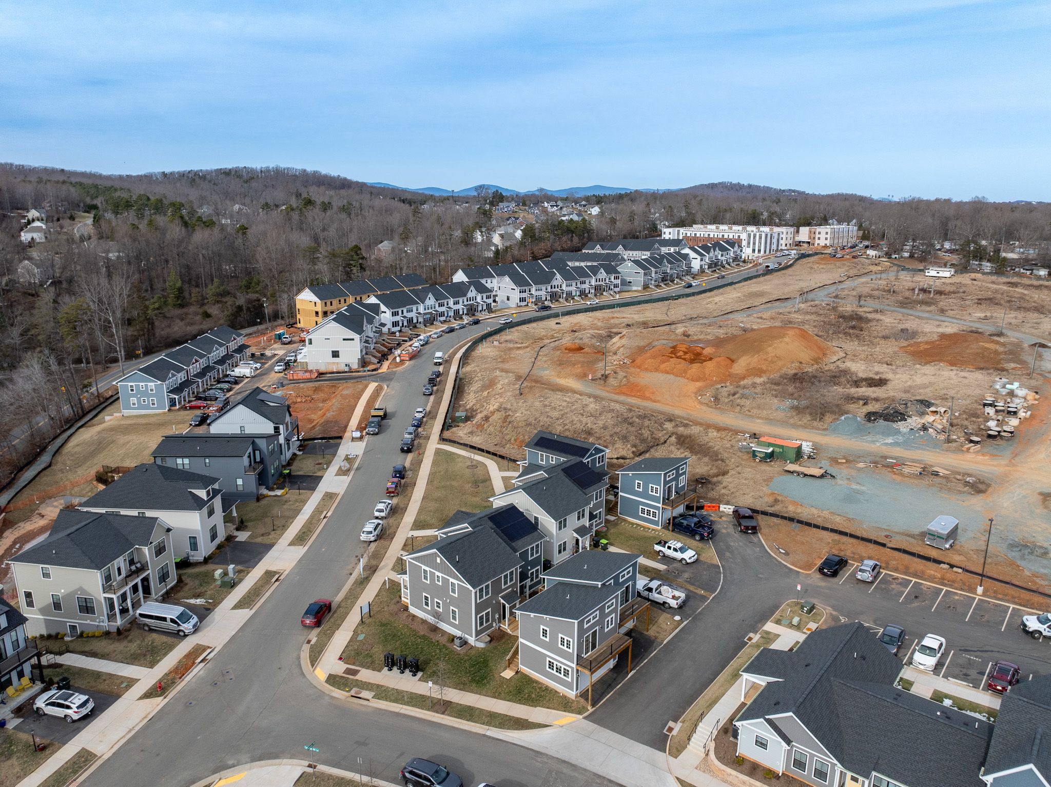 An aerial image of newly-constructed homes next to active construction sites in the Southwood neighborhood