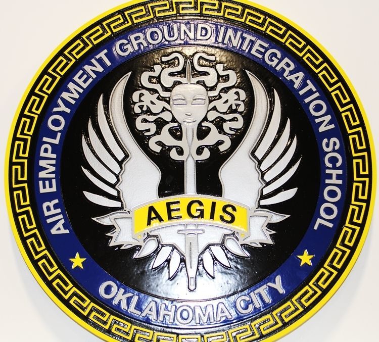 JP-2353 - Carved 2.5-D raised Relief HDU Plaque of the Crest of the Air Employment Ground Integration School for AEGIS