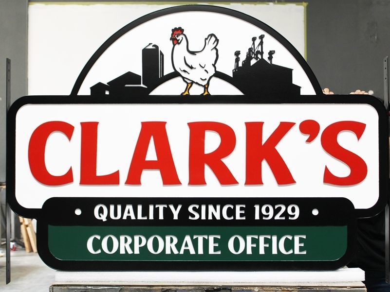 S28141 -  Carved  2.5-D Raised Multi-level and Engraved HDU  Sign for the Clark's Corporate Office , with its Logo, a Chicken and Farm Skyline as Artwork