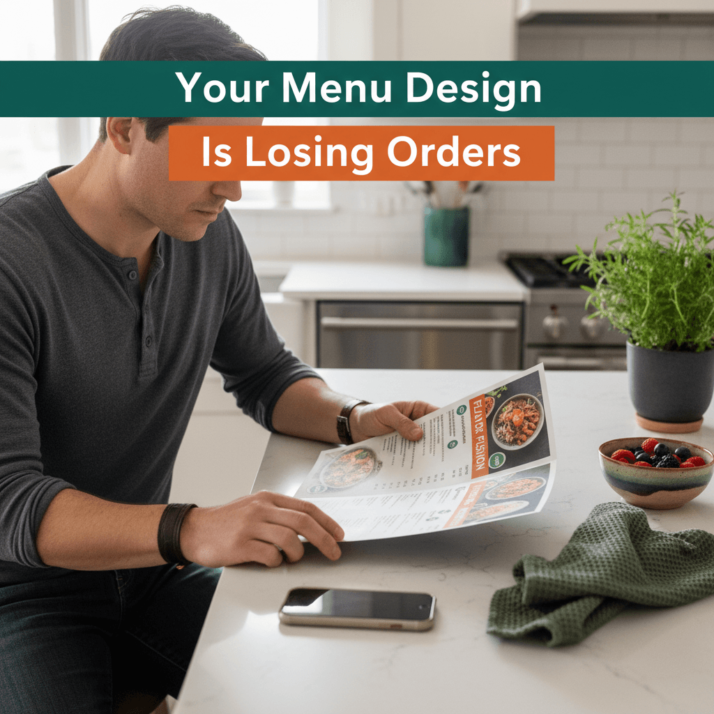 a client holding a menu and the text on the image says : your enu design losing orders
