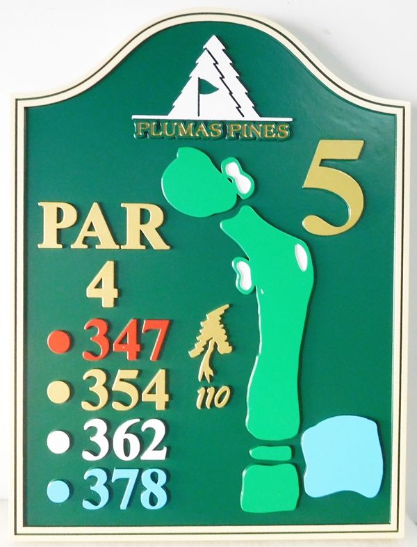 E14419 – Carved Redwood Golf Tee Sign (4th hole) for Country Club, 2,5-D Raised Multi-Level Relief, with Fairway Map