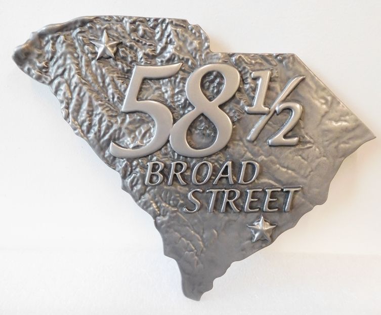 W32450 - Carved Wall Plaque of a Topographic Map of the State of South Carolina, Nickel-Silver Coated with Hi-Polish