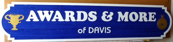 SA28795 - Carved Wood-Grain HDU  Plaque for "Awards and More of Davis" with Carved Trophy as Artwork