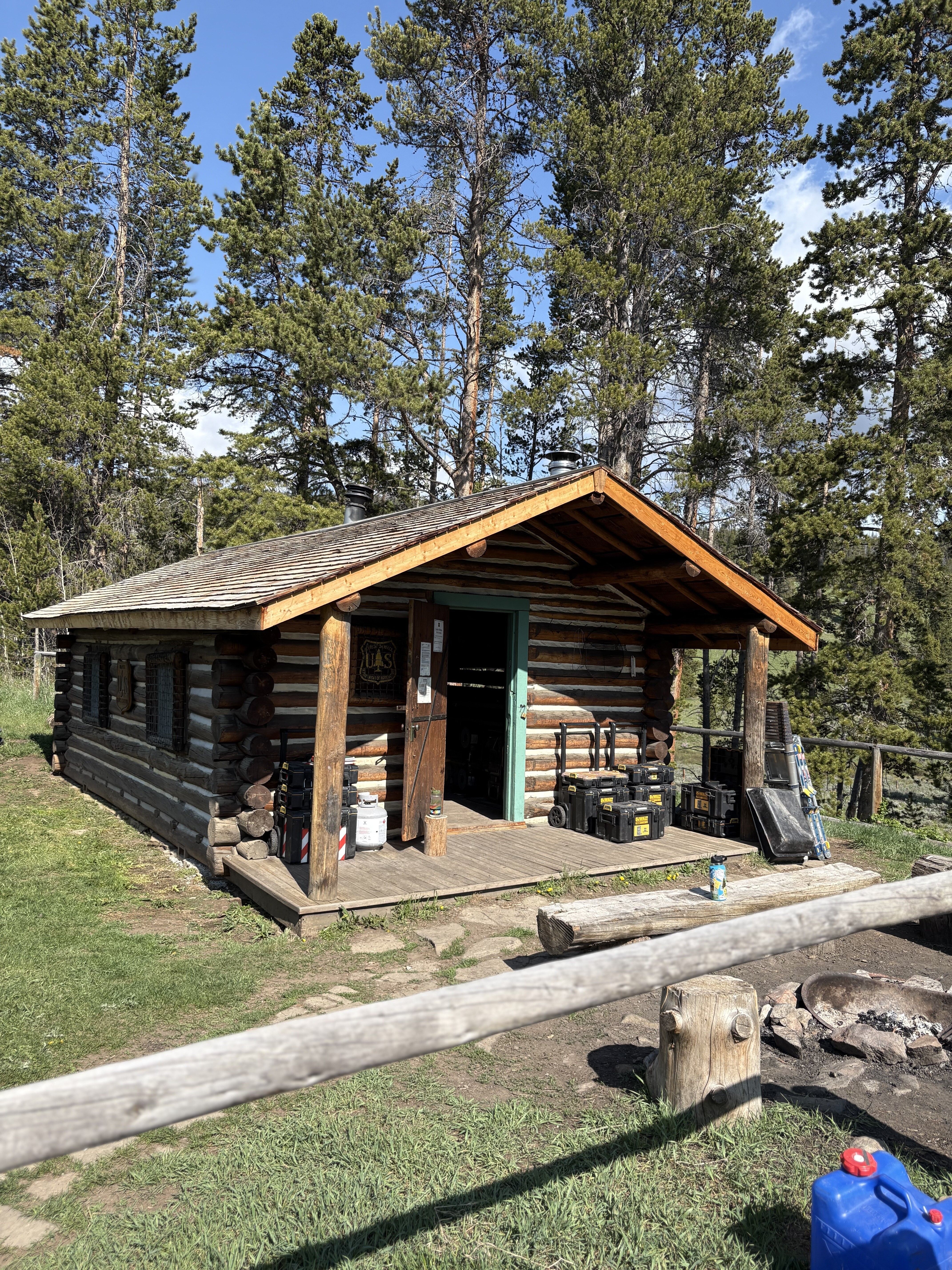 A a closeup of the forest service "Wapiti" cabin.