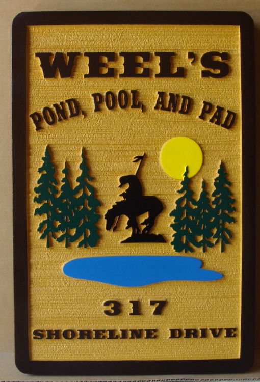 M22426 - Sandblasted Wood Grain  Sign for Cabin, with Pond, Trees and Mounted Native American as Artwork