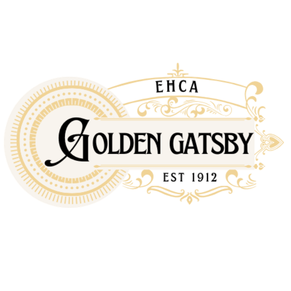 A logo featuring an art deco-esque golden swirl background behind black words that say The Golden Gatsby Gala