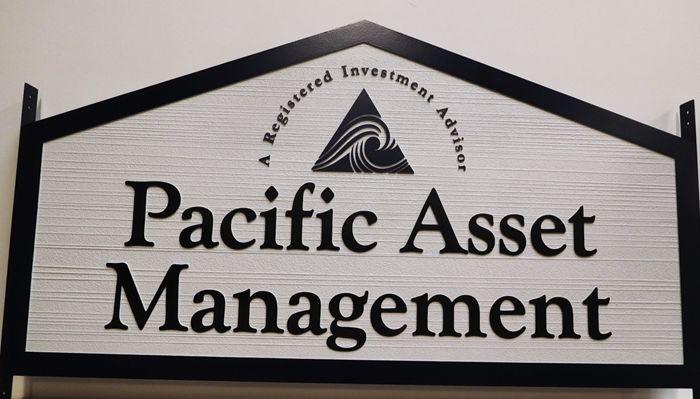 C12100 - Carved  Sign forPacific Asset Management Group, 2.5-D Relief with Raised Text and Border and Sandblasted Wood Grain Background