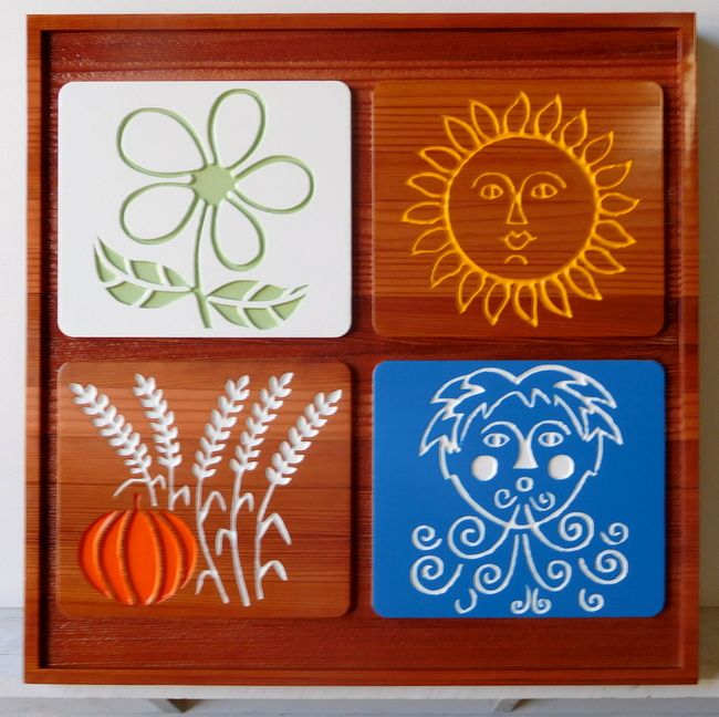 YP-4380 - Carved Four Seasons Plaque for Home Decor, Artist Painted Redwood