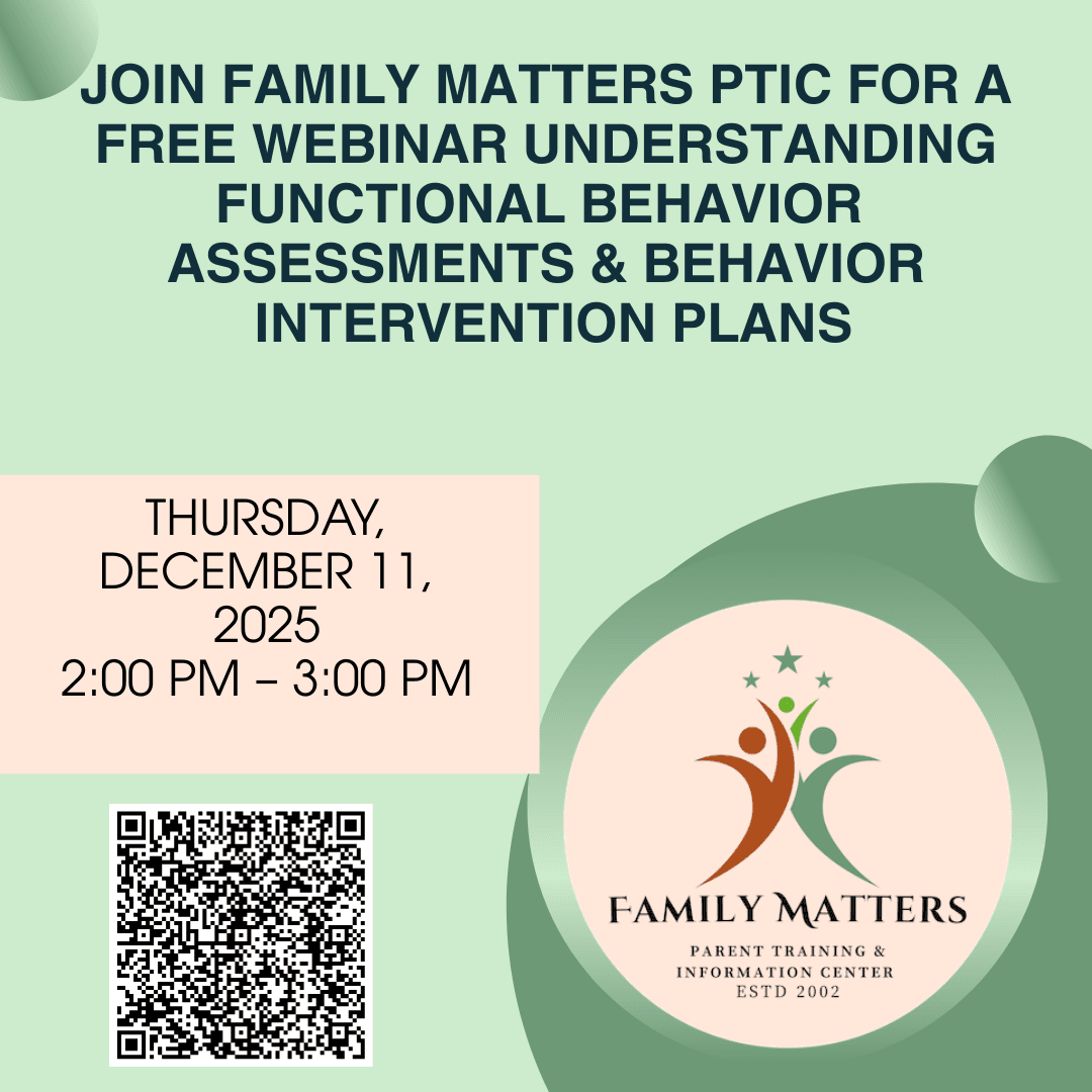 A holiday-themed flyer titled “Family Matters PTIC 2025 December Trainings.” The design includes greenery, red berries, and ornaments along the right side. The flyer describes two upcoming virtual presentations. The first training, “Understanding Function
