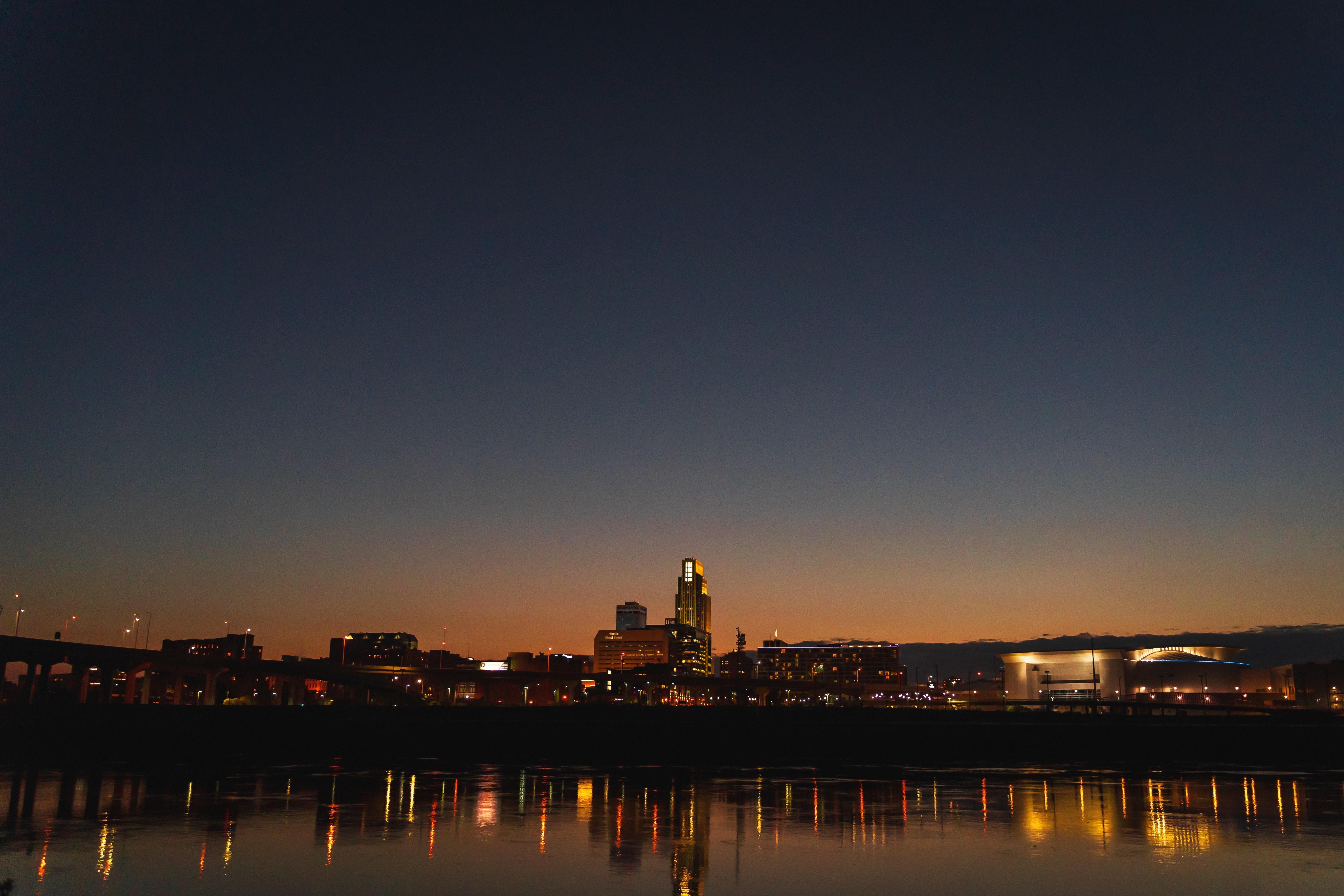 Night time shot of downtown Omaha from across the river