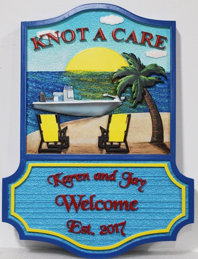L21025A  - Carved and Sandblasted Wood Grain HDU Beach House Sign "Knot a Care" with  Beach, Chairs, Boat, and Setting Sun 