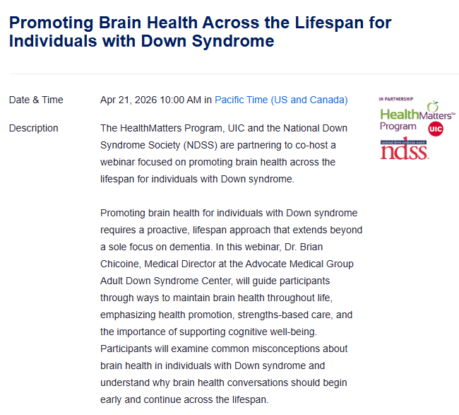 Webinar: Promoting Brain Health Across the Lifespan for Individuals with Down Syndrome