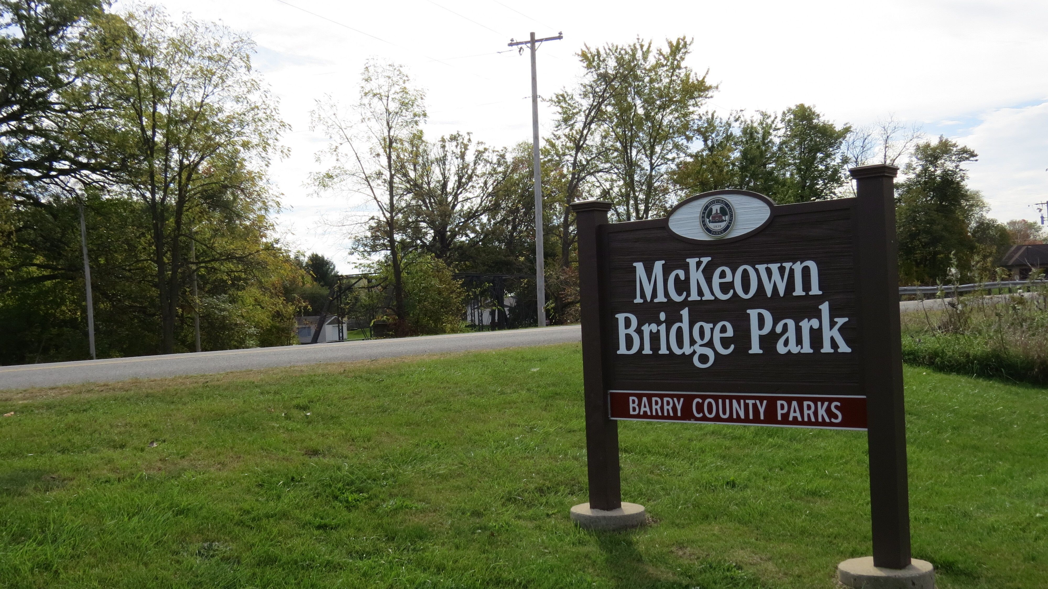 Entry sign for the McKeown Bridge Park off McKeown Rd. Brown with white lettering.