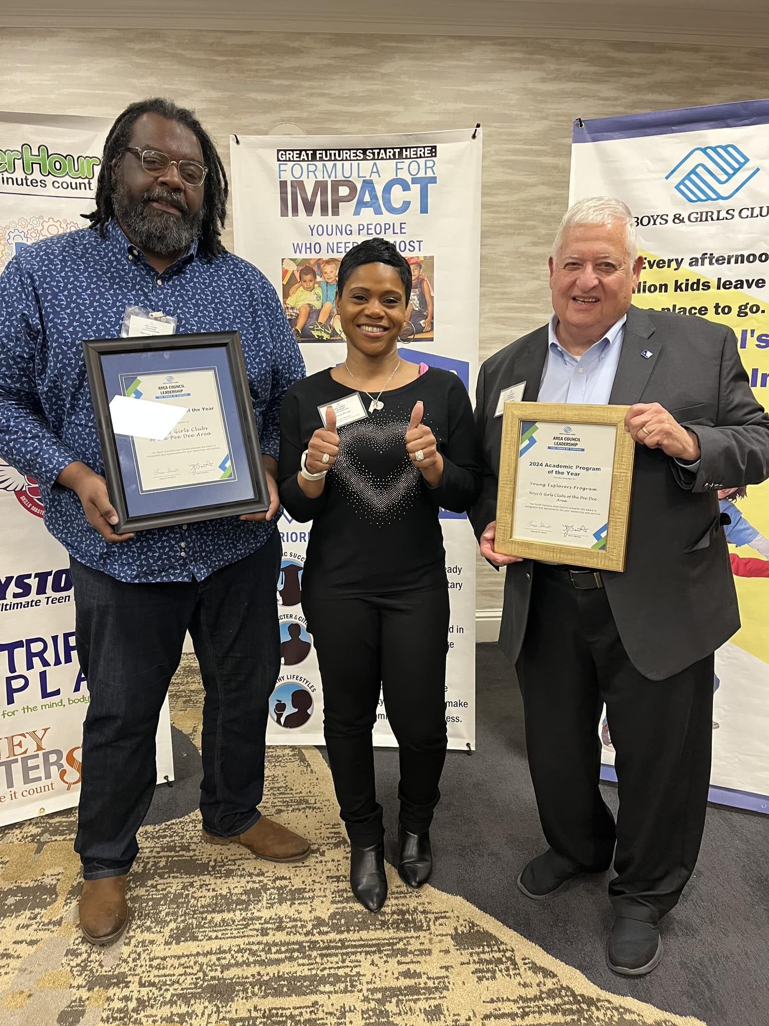 At the SC Area Council meeting, Boys & Girls Clubs of the Pee Dee Area was honored for the 2024 SC Area Council Board Team of Year and the Program of the Year for our Young Explorers. Congratulations! Accepting the award are, from left, Vice Chair Damon W