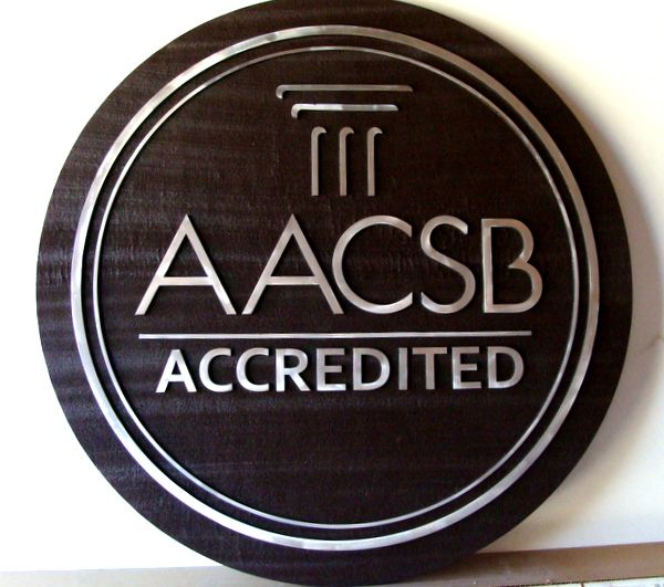 FA15580 - Wall Plaque for a University, Stating "AACSB Accredited", 2.5-D  Stained Cedar with Polished Aluminum Overlay   