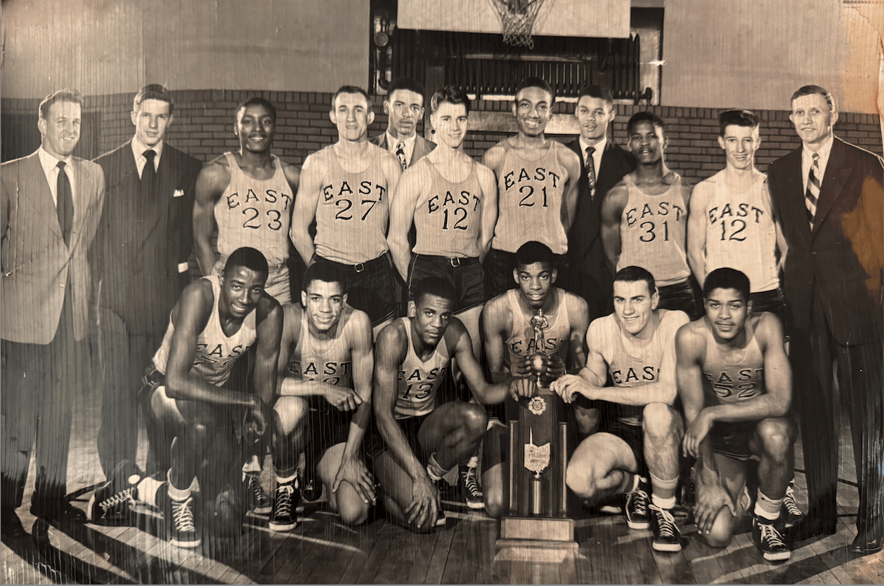 photo of the players and coaches of the 1951 Columbus East High School basketball team.
