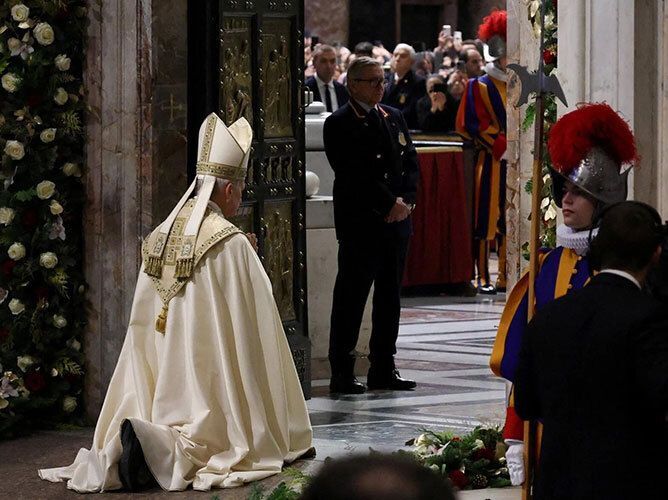 Pope Leo XIV closes the Holy Door of St. Peter’s Basilica on the feast of the Epiphany at the Vatican Jan. 6, 2026, marking the official end of the Jubilee Year 2025. (OSV News photo/Yara Nardi, pool via Reuters)