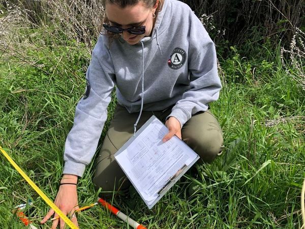 [Image Description: An MCC Member holds a clipboard as they reach for the measuring tape in the grass below, appearing to be conducting a survey.]