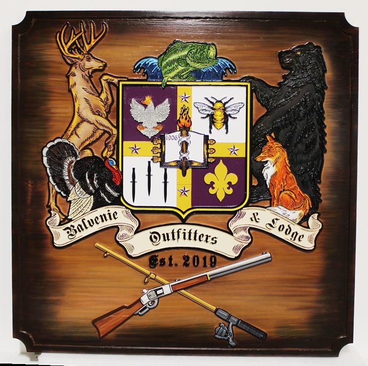 XP-3037 - Carved Rustic Cedar Coat-of-Arms for Balvenie Outfitters and Lodge Engraved with  Shield, Game, Rifle and Fishing Rod as Artwork, Scorched on Edges