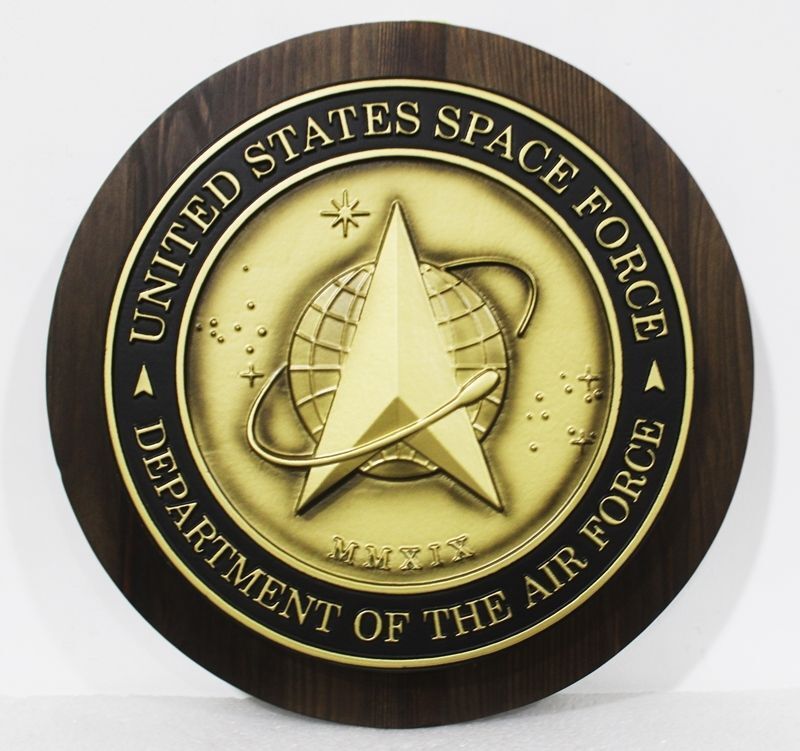LP-1203A  - Carved 3-D Brass-Plated Plaque of  the Seal of the US Space Force, Mounted on Mahogany Wood Base