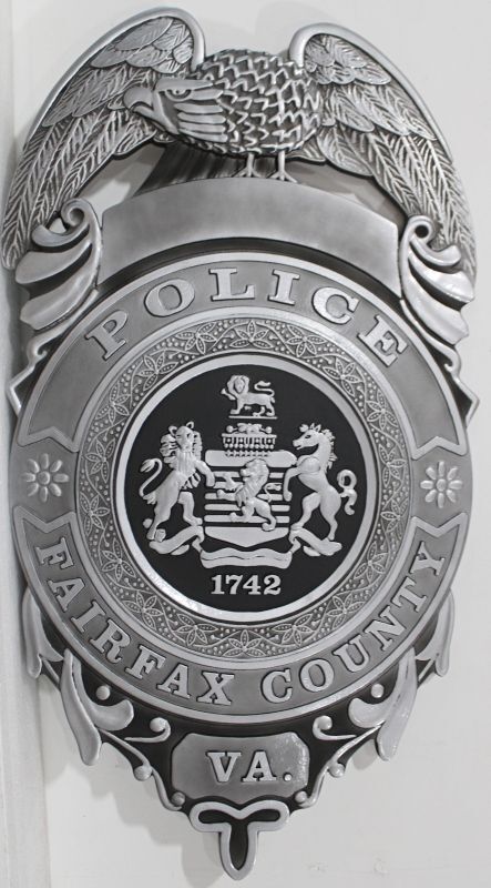 PP-1124 - Carved Wall Plaque of the Police Badge of Fairfax County, Virginia, Brushed Aluminum-Finish