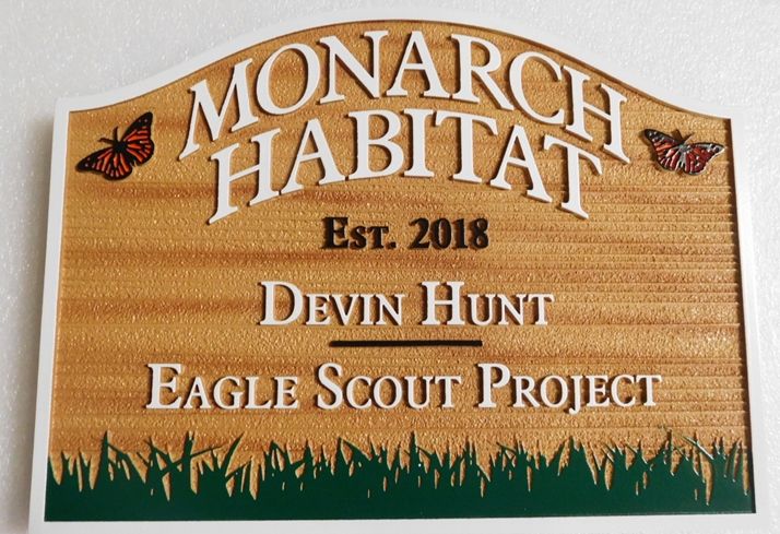 GA16459 - Large Carved and Sandblasted Wood Grain Sign  for the Monarch Habitat, with Butterflkes and Grass as Artwork