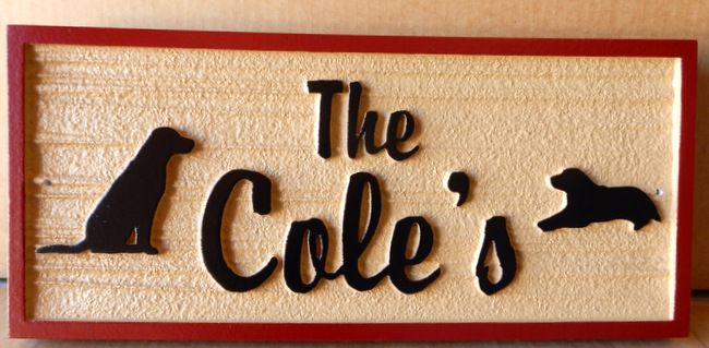 M22932 - Carved 2.5-D and Sandblasted (Wood Grain) Residence Name Sign. Featuring Silhouettes of a Dog and Cat 