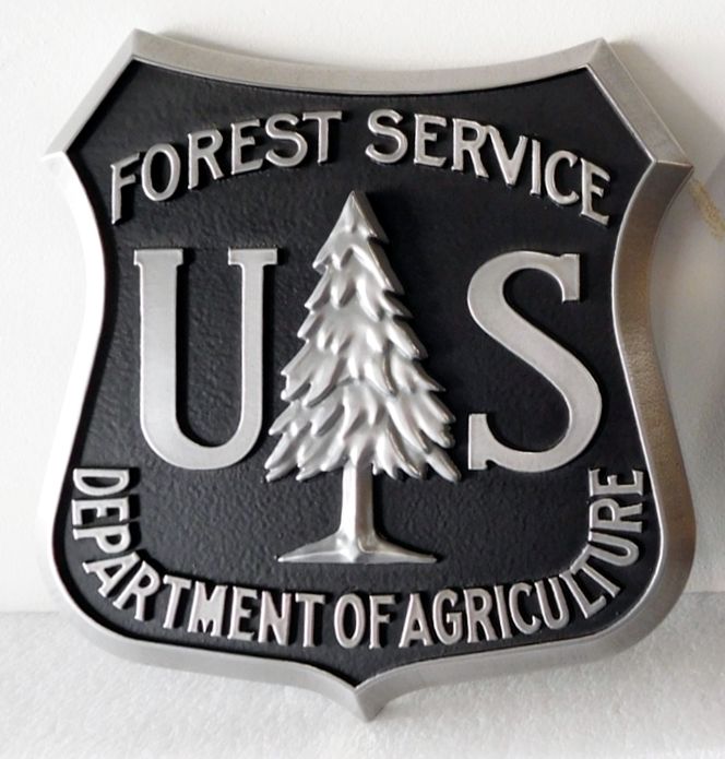 AP-5750 - Carved Plaque of the Seal/Logo of the US Forest Service (Department of Agriculture), Aluminum Plated