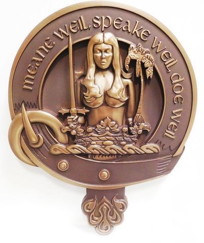 XP-1070 - Carved Plaque of a  Crest with Woman, a Crown and a Sword and the Saying "Mean Well, Speak Well, Do Well", 3D Bronze Plated