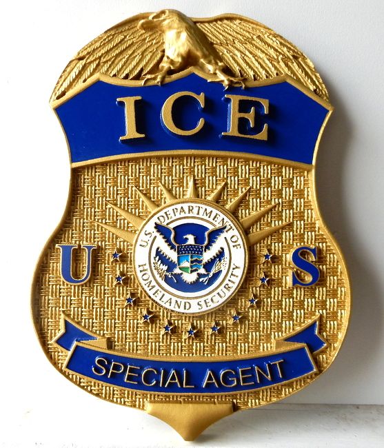 PP-1022 - Carved Wall Plaque of the Badge of an Agent of the Immigration & Customs Enforcement (ICE) of US Homeland Security, Artist Painted Metallic Brass