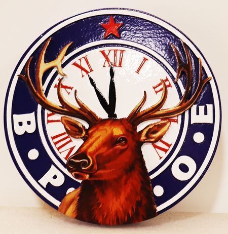 B.P.O.E. Elk Emblem – A circular insignia for the Benevolent and Protective Order of Elks featuring a majestic elk head over a clock face with Roman numerals, symbolizing fidelity and the 11th hour tradition.
