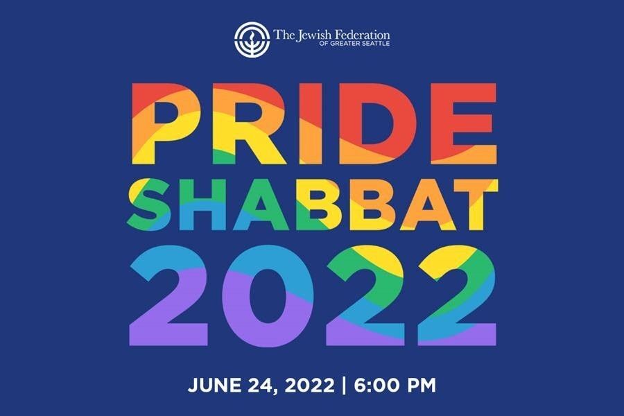 The words "Pride Shabbat 2022" with a rainbow flag overlay.
