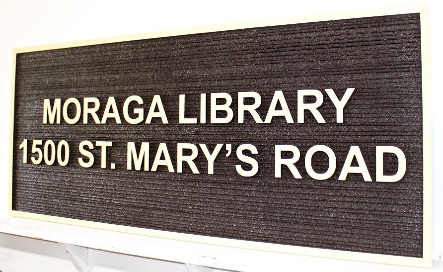 F15409 - Carved and Sandblasted Entrance and Address Sign for "Moraga Library"