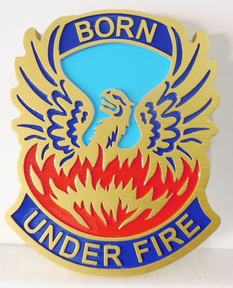 MP-2100 - Carved Plaque of the Crest of a Unit of the US Army,   "Born Under Fire", Artist Painted