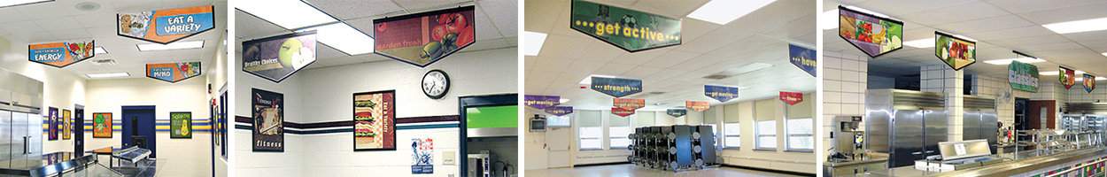 4 images of food banners in school cafeterias, custom banners, nutrition education
