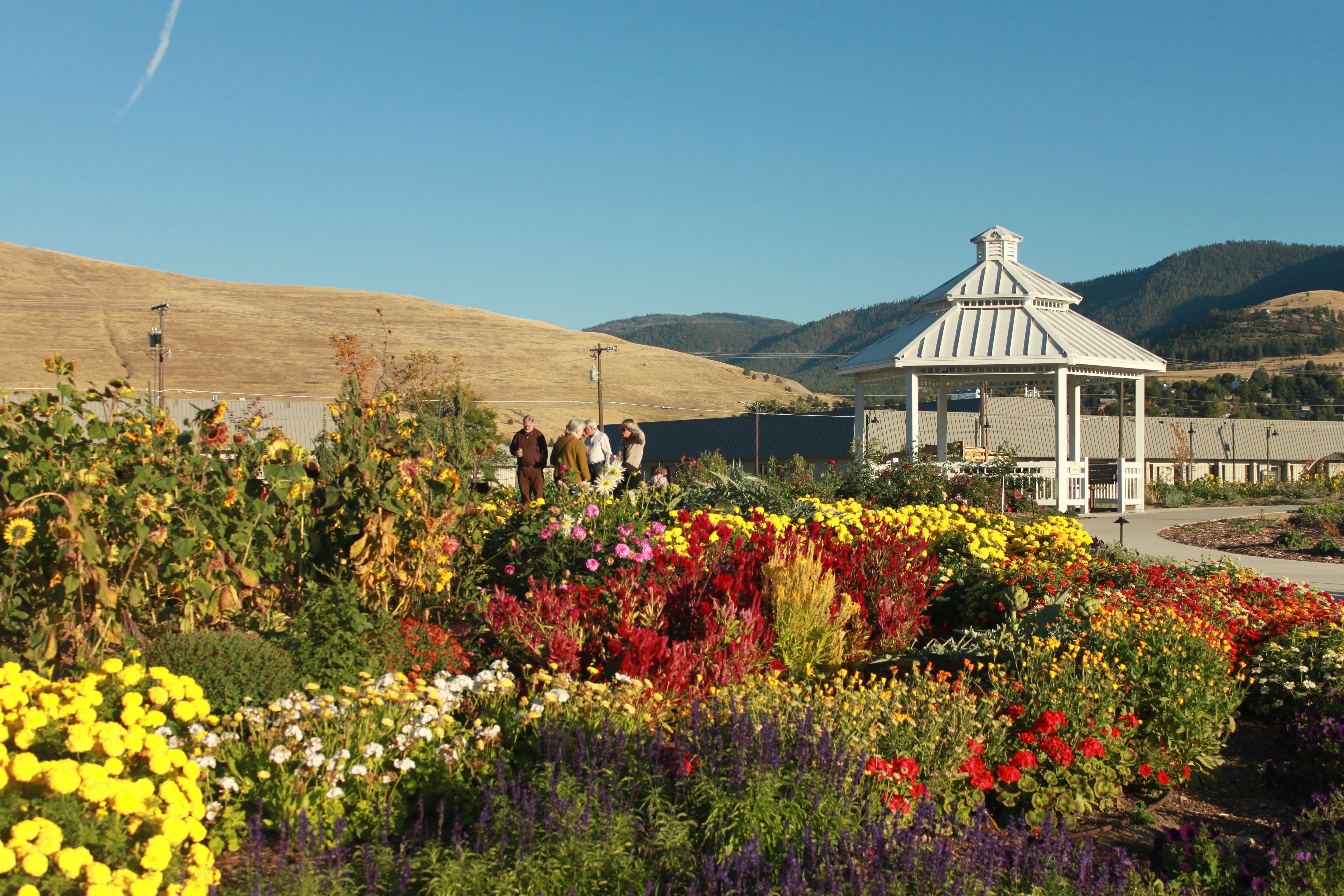 Gazebo and blooming gardens with people in the background.