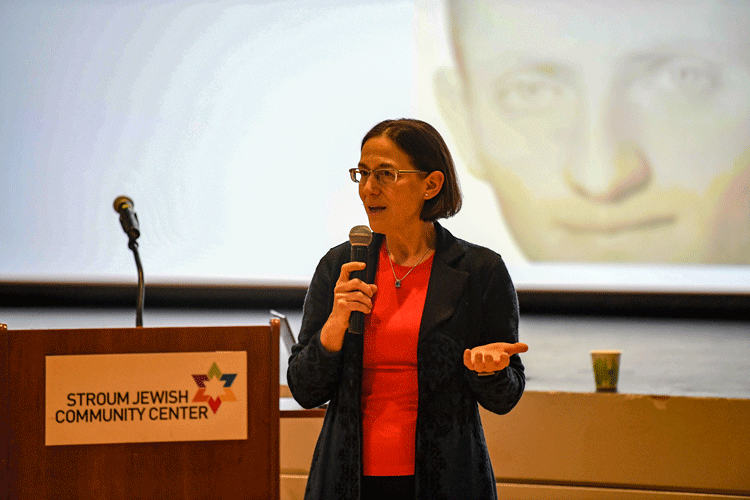 Karen Treiger speaking at the J in 2019