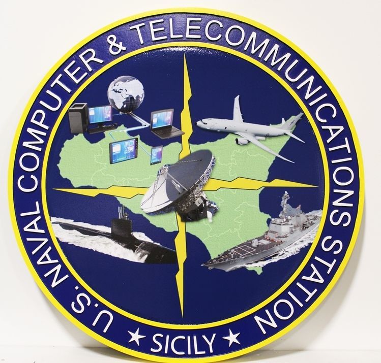 JP-2357 - Carved 2.5-D Multi-level  Relief Plaque of the Crest of the U.S. Naval Computer & Telecommunications Station in Sicily 