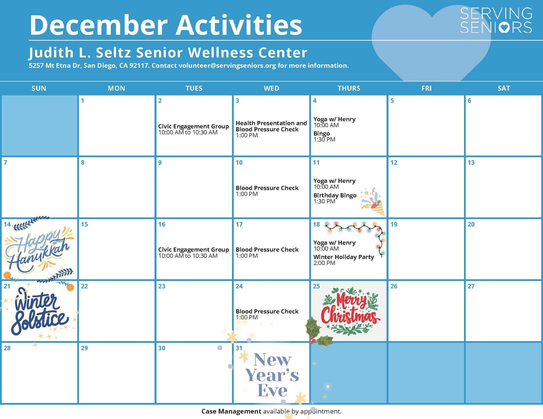 Click to download the Judith L. Seltz Wellness Center December Activities Calendar