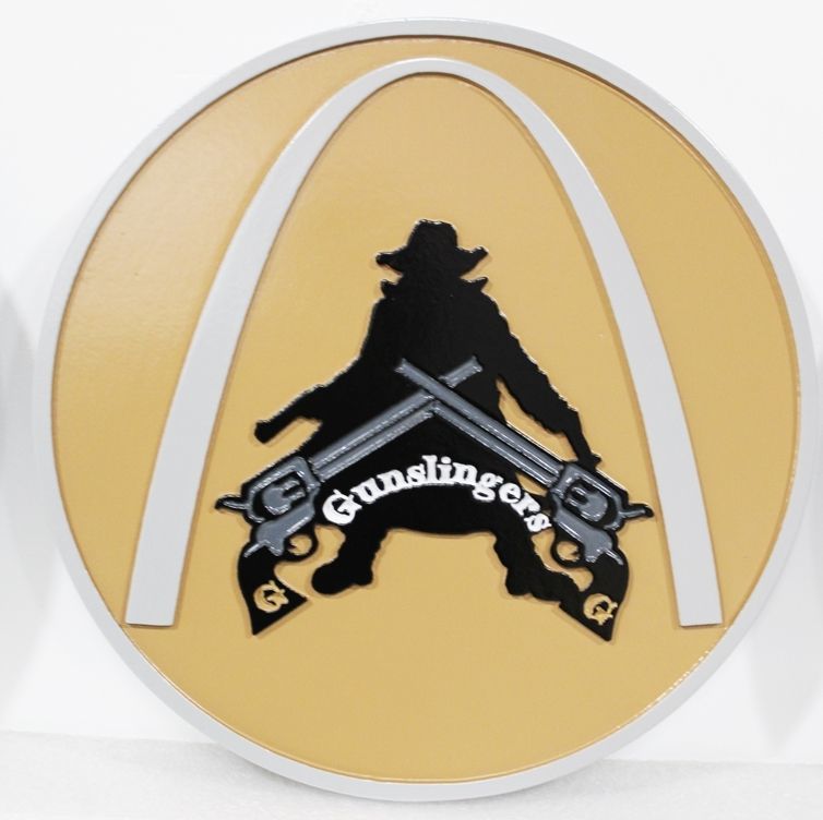 LP-8712 - Carved 2.5-D Multi-Level Raised Relief HDU Plaque of the Crest of a USAF Recruiting Squadron, "Gunslingers" 