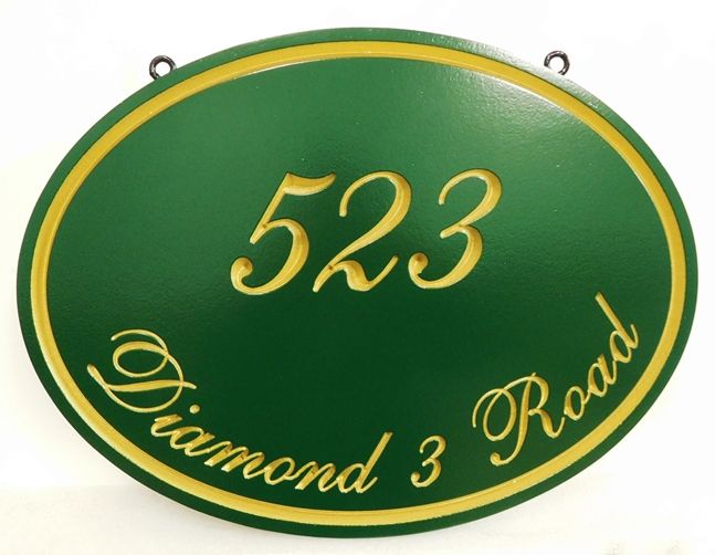 I18111- Carved, Oval Address Sign with Gold-Leaf Lettering and Borders