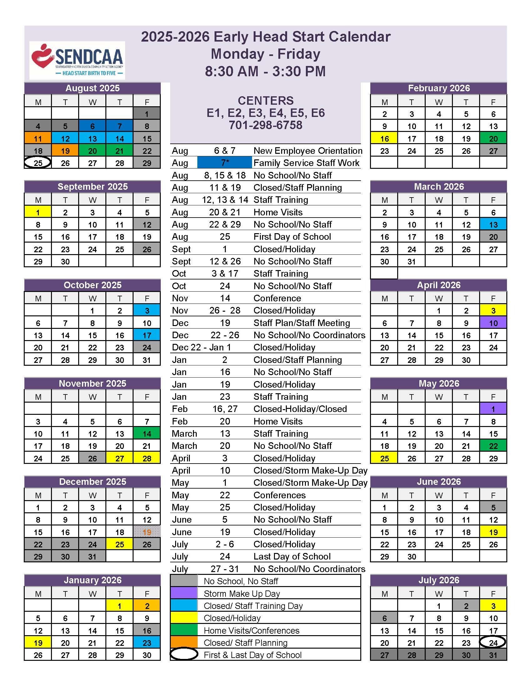 2025-2026 Early Head Start Calendar